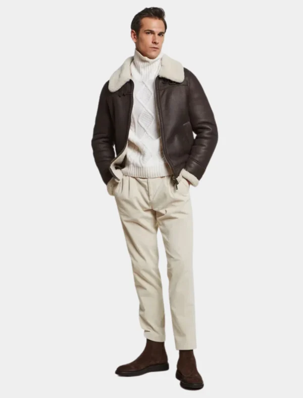 Classic Dark Brown Shearling Leather Jacket - Image 4