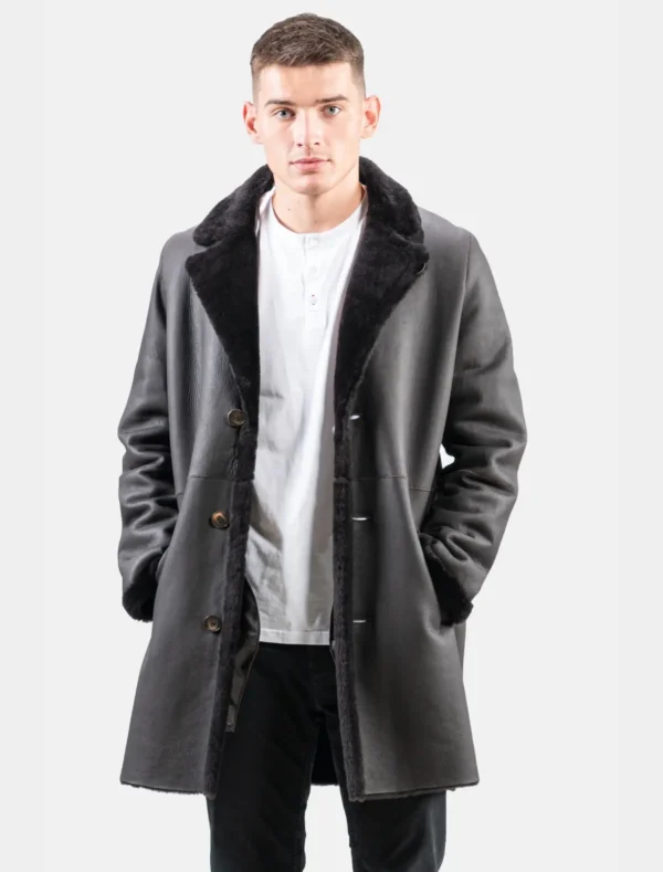 Stylish Black Leather Shearling Trench Coat - Image 2