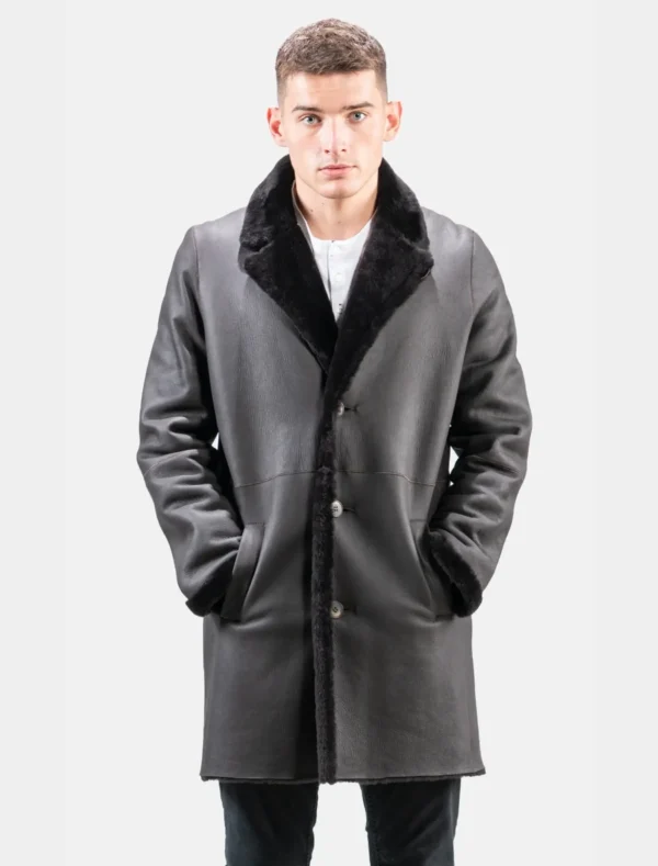 Stylish Black Leather Shearling Trench Coat
