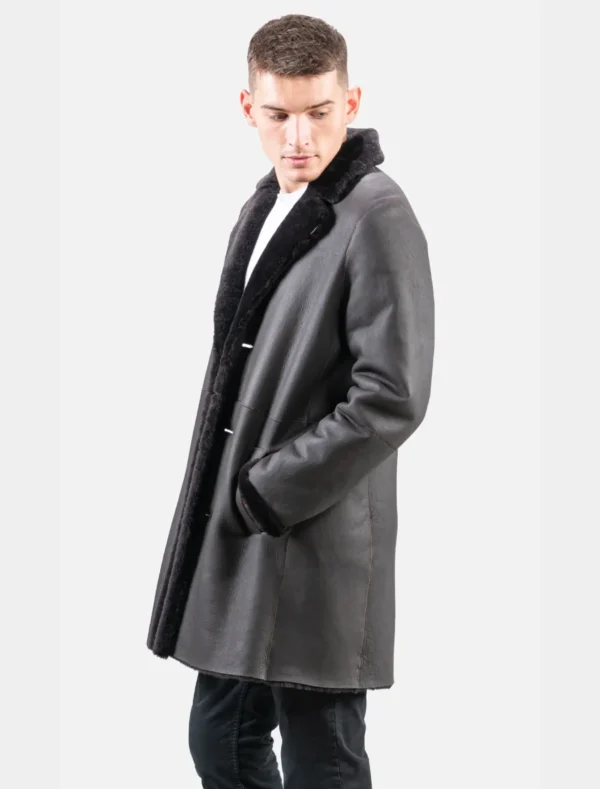 Stylish Black Leather Shearling Trench Coat - Image 4