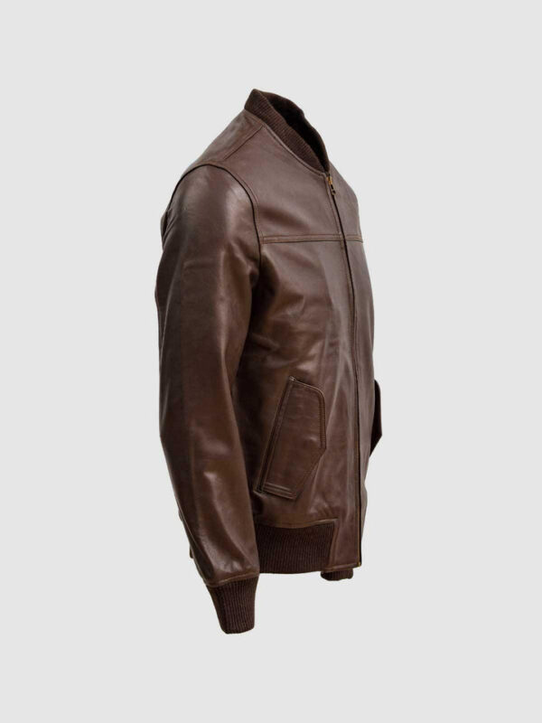Brown Leather Bomber Sheep Jacket - Image 3
